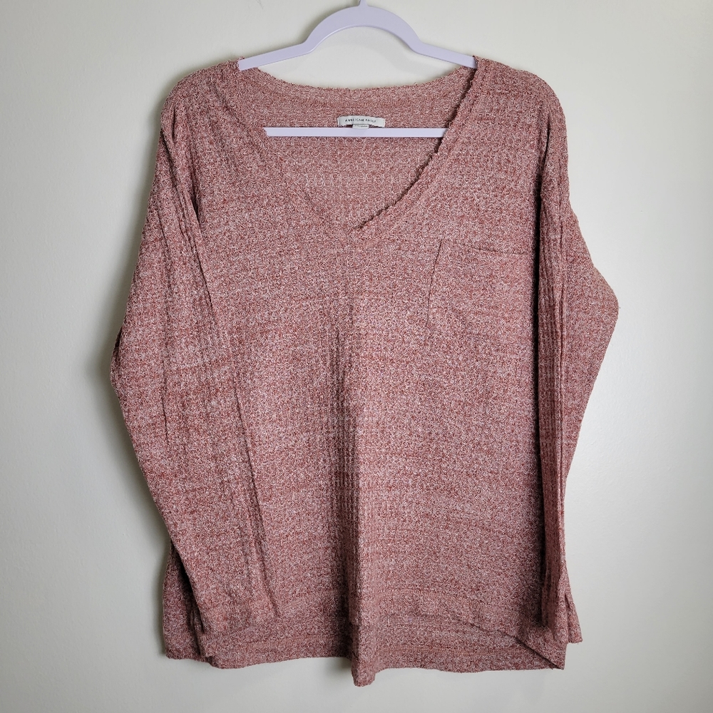 AMERICAL EAGLE Thermal V neck Cozy Pullover Pink Top Tee S